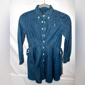 Ralph Lauren Girl's Embroidered Pony Logo Denim Buttondown Dress Size 10